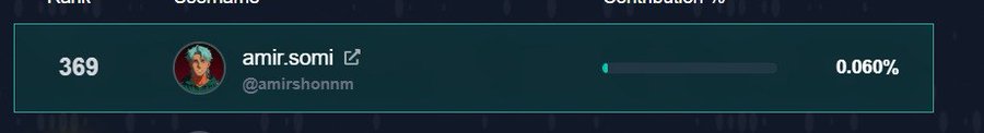 A leaderboard entry showing rank 369 for user 'amir.somi' (@amirshonmm) with a contribution percentage of 0.060%.