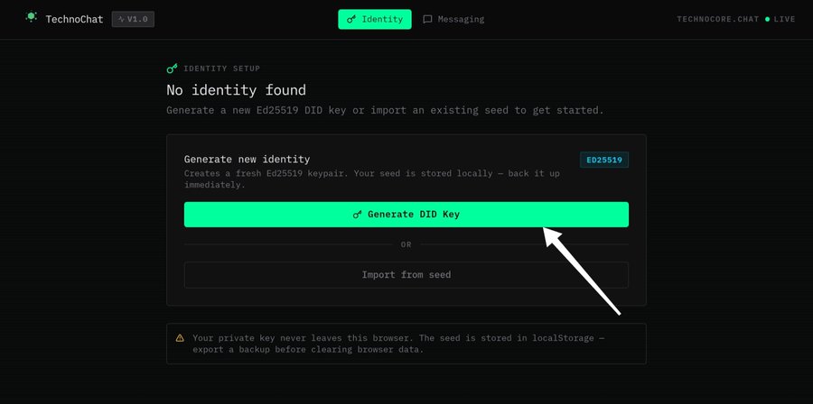 The image shows the "Identity Setup" screen of TechnoChat v1.0 with a "No identity found" message and a prominent green "Generate DID Key" button being highlighted by a cursor. This relates to the post by demonstrating the user-friendly interface of the vibe-coded tool that simplifies generating a DID key for $FLOP positioning, allowing users to create their identity with a single click instead of navigating complex technical processes.