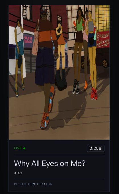 A digital illustration of stylish figures walking down a street is displayed as a live auction item titled 'Why All Eyes on Me?' with a bid of 0.25 Ξ.