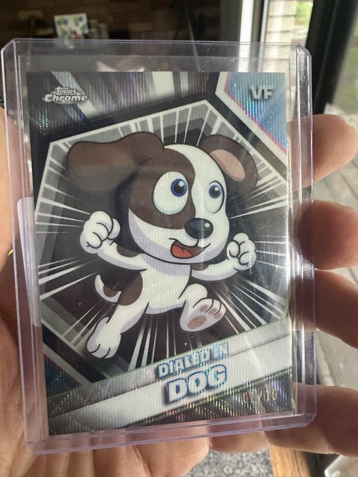 A hand holds a VeeFriends "Dialed In Dog" Topps Chrome black refractor trading card, featuring a cartoon dog in a dynamic running pose, with the limited edition numbering 07/10 visible at the bottom matching the caption's note.