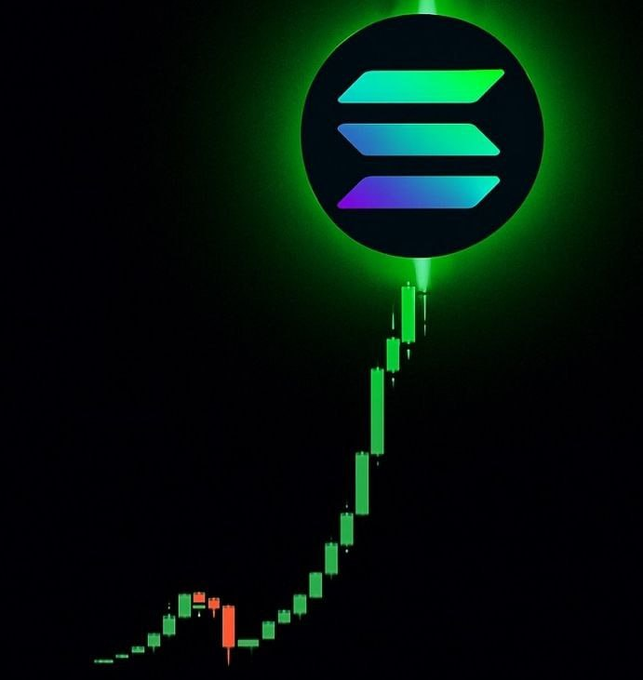A glowing Solana (SOL) logo hovers above a candlestick chart showing a sharp upward price surge, visually capturing the "Solana to the moon?" sentiment as the token's price rockets skyward.