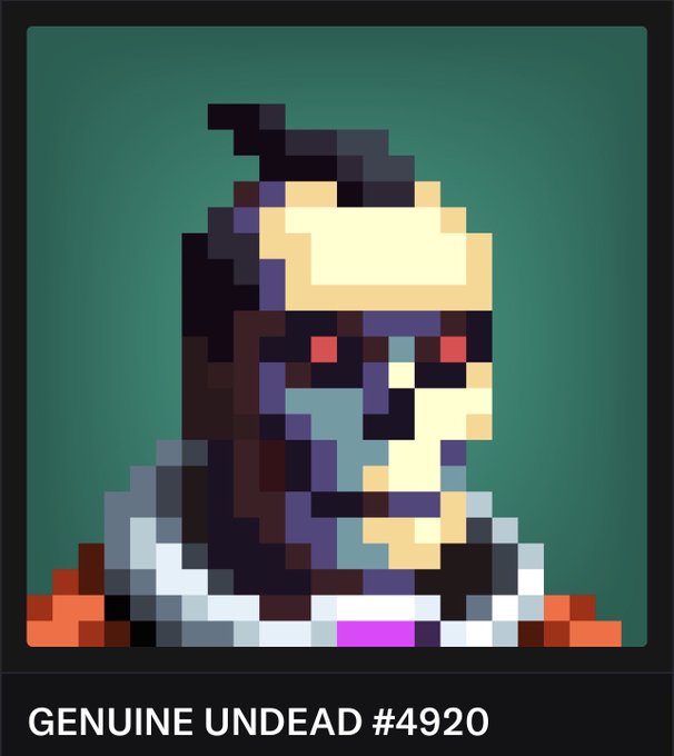 A pixel art trading card labeled 'GENUINE UNDEAD #4920' showing a skeletal figure with red eyes and a hood against a teal background.