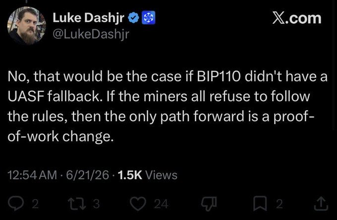 "No, that would be the case if BIP10 didn't have a UASF failback. If the miners all refuse to follow the rules, then the only path forward is a proof-of-work change."