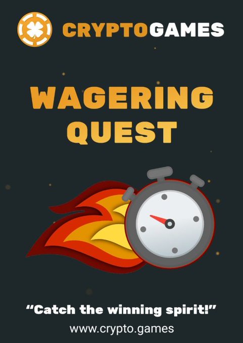A promotional graphic for 'CRYPTOGAMES' advertising a 'WAGERING QUEST' with the tagline 'Catch the winning spirit!' and the URL www.crypto.games, featuring a stopwatch with a flame trail.