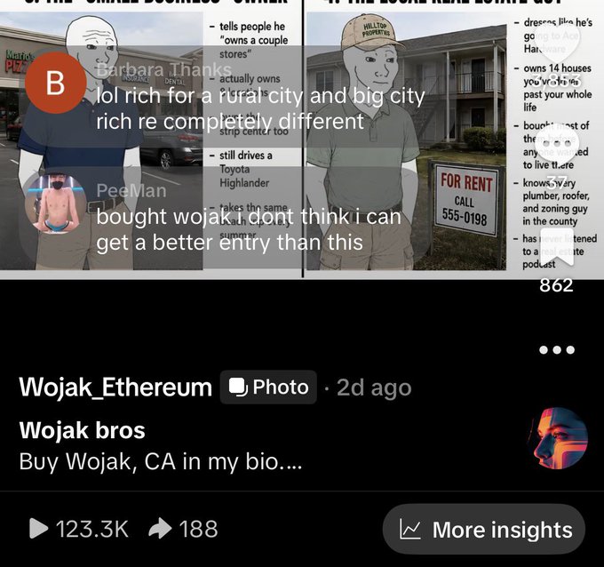 A social media post comparing 'small business owner' and 'local real estate guy' Wojak memes, with comments from users Barbara Thanks and PeeMan discussing rural vs big city wealth differences.