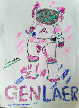 A child's colorful drawing of an astronaut with a cat-eared helmet, signed 'Elinaxim' with the text 'GENLAER' written at the bottom.
