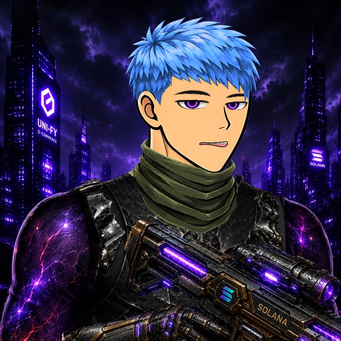 Anime-style illustration of a blue-haired character with purple eyes holding a futuristic weapon branded 'SOLANA,' set against a purple cyberpunk cityscape with 'UNI-FY D-COMMERCE' and 'SOLANA' signage.