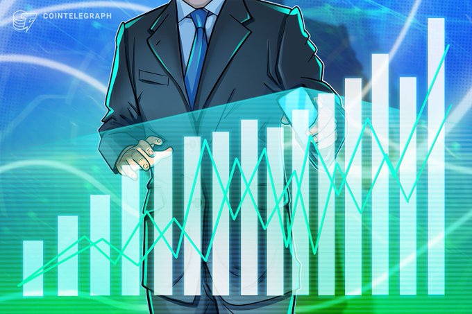 The image shows an illustrated businessman in a blue suit interacting with an upward-trending bar graph overlaid with a teal line chart, conveying financial growth. The Cointelegraph logo is visible in the top-left corner, visually reinforcing the article's message about stablecoin transaction volume reaching new highs with TRON as a leading network for global stablecoin settlement.