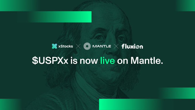 The image features a green background with white text that reads "USSPX is now live on Mantle." The text also includes mentions of "TradFi" and "Crypto," which could be related to the cryptocurrency market or trading platforms. Additionally, there are mentions of "Fluxion" and "xStocksFi," possibly referring to a cryptocurrency exchange or a financial services company that offers cryptocurrency-related products and services. The image also includes an illustration of a man with a beard wearing a suit, which could be related to the financial industry or a symbol for a company's branding.
