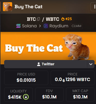 A screenshot of a cryptocurrency token page titled 'Buy The Cat' (BTC/WBTC #25) on Solana via Raydium CLMM, showing a price of $0.01015, 0.00001296 WBTC, $415K liquidity, $10.1M FDV, and $10.1M market cap.