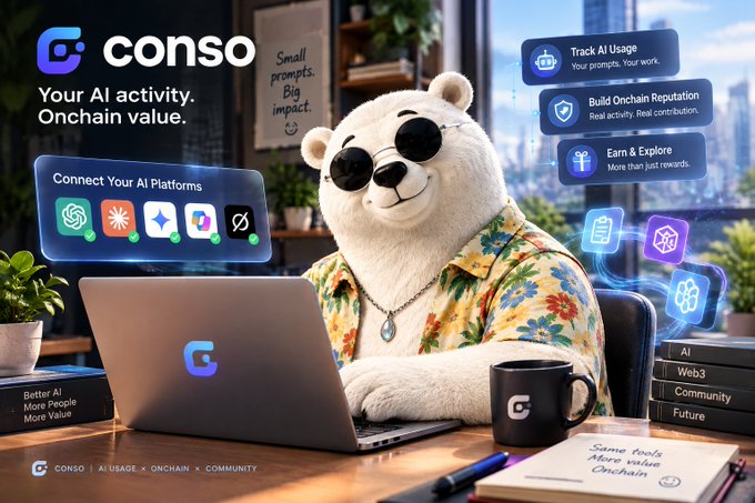 An advertisement for 'conso' features a white bear wearing sunglasses and a Hawaiian shirt working on a laptop, with the tagline 'Your AI activity. Onchain value.' Surrounding graphics highlight features like 'Track AI Usage', 'Build Onchain Reputation', and 'Earn & Explore'.