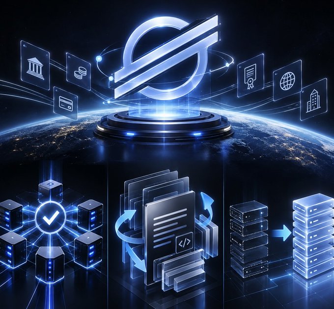 A futuristic digital graphic showing a central glowing emblem surrounded by icons representing banking, contracts, and networks, with servers and documents below, set against an Earth backdrop.