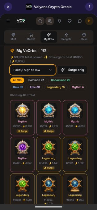 A mobile screenshot of the Vaiyans Crypto Oracle (VCO) app showing the 'My VeOrbs' section with 193 orbs, displaying total power of 60,859, surge stats, and a grid of Mythic, Legendary, Epic, and Rare orbs with their power ratings.