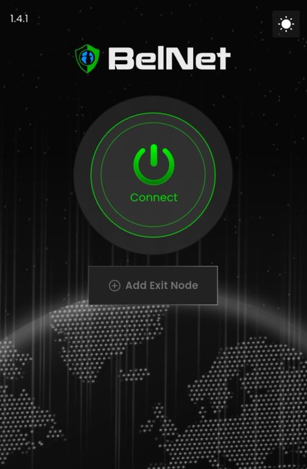 Screenshot of the BelNet VPN app interface (version 1.4.1) showing a green Connect power button and an Add Exit Node option over a dark world map background.