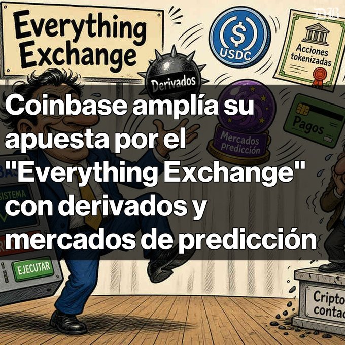 An illustrated news graphic in Spanish stating 'Coinbase amplía su apuesta por el "Everything Exchange" con derivados y mercados de predicción', showing cartoon elements like USDC and prediction markets.