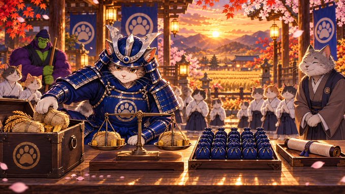An AI-generated illustration of cats dressed as samurai and merchants trading gold coins in a Japanese-inspired setting, with a Hulk-like figure in the background.