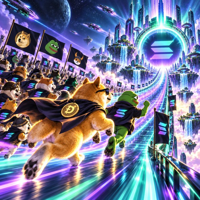 A heroic Shiba Inu wearing a Bitcoin cape and sunglasses charges alongside Pepe the Frog and a marching army of Doge, Shiba, and Pepe flags across a neon cosmic highway toward the glowing Solana logo, while UFOs hover over a futuristic skyline—visually capturing the meme coin migration to Solana's blockchain.