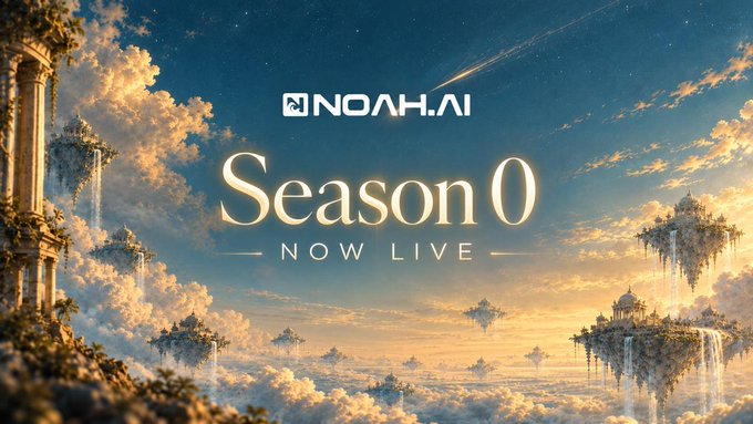 A fantasy sky banner shows floating islands, waterfalls, and clouds with the text “NOAH.AI,” “Season 0,” and “NOW LIVE.” It appears to be a general NOAH.AI promotional graphic rather than a direct visual for the XE Network testnet airdrop instructions in the accompanying post.