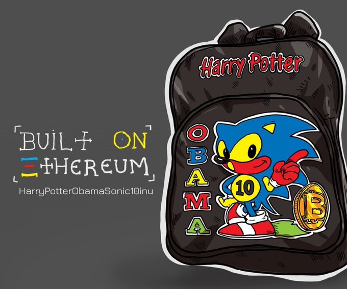 A meme coin image featuring a cartoon backpack labeled 'Harry Potter' and 'OBAMA' with a Sonic-like character holding a '10' coin and a Bitcoin symbol, alongside text 'BUILT ON ETHEREUM' and 'HarryPotterObamaSonic10inu'.