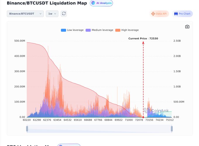 A 'Binance/BTCUSDT Liquidation Map' chart from CoinAnk showing the current price at 72530, with a legend for low, medium, and high leverage positions.