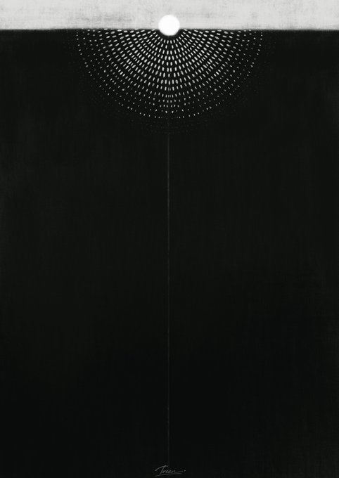 Minimalist black and white artwork featuring a radiating dotted semicircle pattern emanating from a white dot at the top, with a thin vertical line descending downward.
