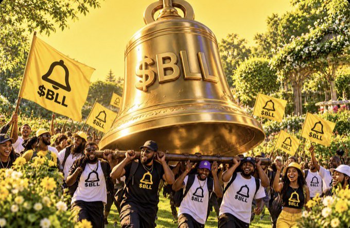 A crowd in yellow-and-black gear carries an oversized golden bell marked “$BLL,” while matching flags and shirts display a bell logo and the text “$BLL.”