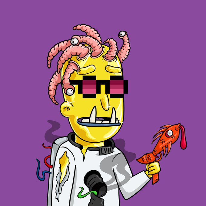 A cartoon NFT character with a yellow face, pink worms coming out of its head, pixelated sunglasses, fanged teeth, holding a red fish, wearing a white jacket with 'LVII' on it, against a purple background.