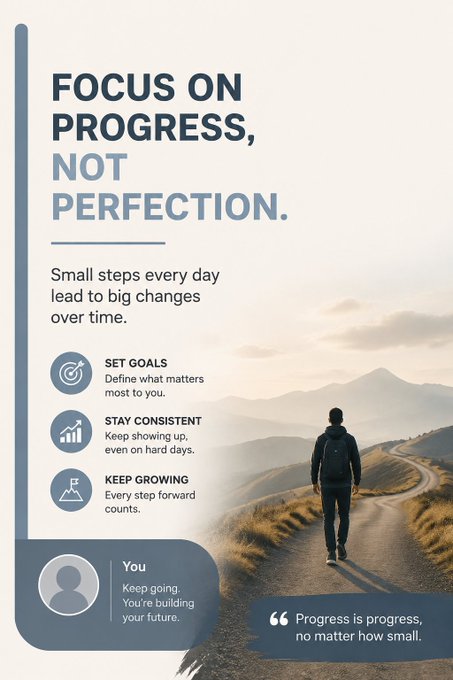 A motivational infographic titled 'FOCUS ON PROGRESS, NOT PERFECTION' with the subtitle 'Small steps every day lead to big changes over time,' featuring tips to 'SET GOALS', 'STAY CONSISTENT', 'KEEP GROWING', alongside an image of a person walking on a mountain path and the quote 'Progress is progress, no matter how small.'