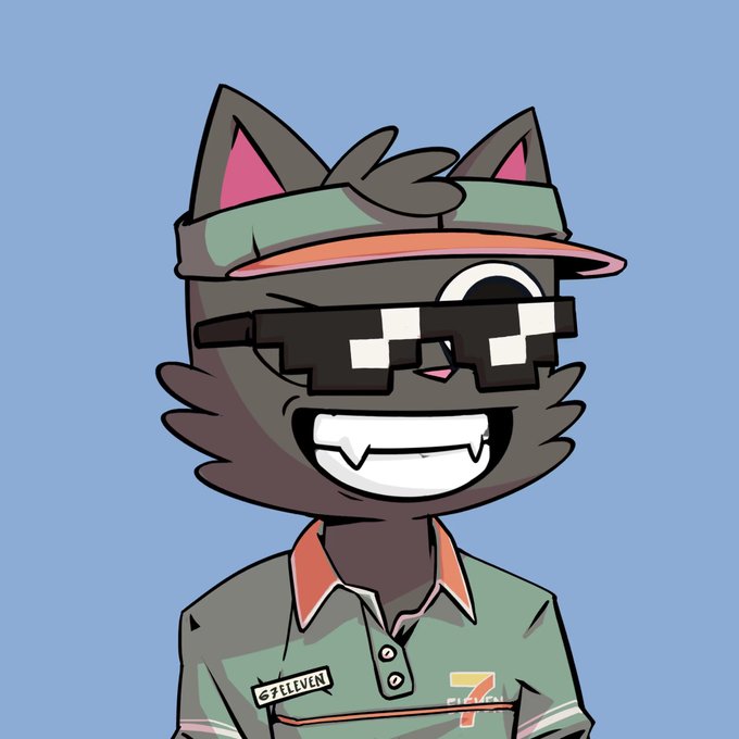 A cartoon illustration of a smiling gray cat wearing pixelated sunglasses, a green visor, and a green polo shirt with a '7-ELEVEN' name tag and a '7' logo.