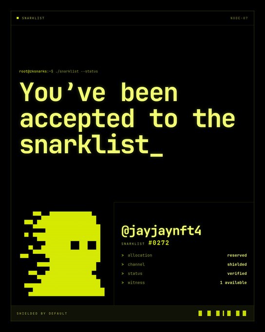 A digital graphic with a black background and green pixelated text announcing "You've been accepted to the snarklist_" for user @jayjaynft4 (SNARKLIST #0272), with status details like "shielded" and "verified."