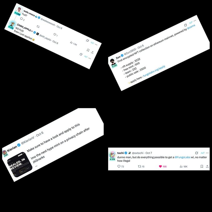 A collage of four crypto/NFT-related Twitter/X posts, including a ZAMA 'NO PAID' NFT airdrop announcement by @ZainIrtiza with Oct 6 dates, a Fungtibles mint announcement with 2,933 supply at 0.233 ETH, a call to @Kieranlrv about privacy chain hype, and a @tochi post about @FungLabs.