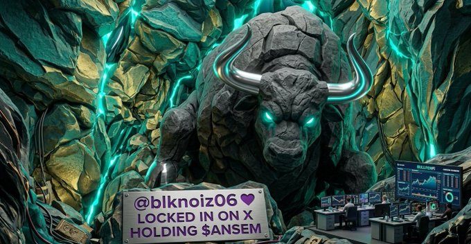 A meme image depicting a large stone bull with glowing cyan eyes in a cave with trading monitors in the background, featuring text '@blknoiz06 LOCKED IN ON X HOLDING $ANSEM'.
