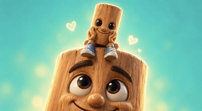 A 3D rendered wooden character with large eyes smiles warmly while a smaller wooden figure sits on top of its head, surrounded by small white heart shapes against a teal background.