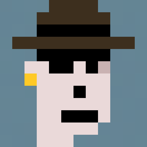 A simple pixel art portrait of a man with a black mustache, brown hair, and a top hat against a bright blue background.