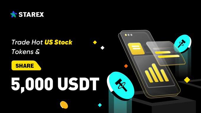 A promotional banner for STAREX advertising 'Trade Hot US Stock Tokens & SHARE 5,000 USDT' featuring a 3D smartphone with stock charts and coin icons.