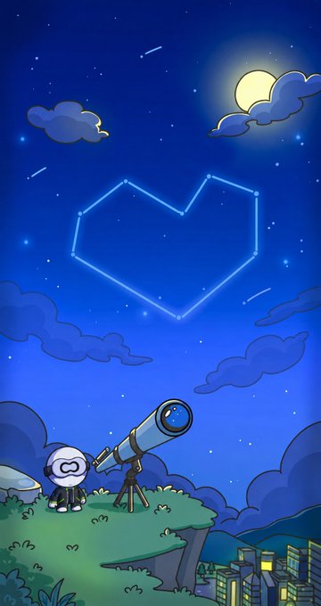 A whimsical cartoon illustration of a small white astronaut-like figure with an infinity symbol on its helmet looking through a telescope on a grassy cliff, gazing at a heart-shaped constellation in a starry night sky.