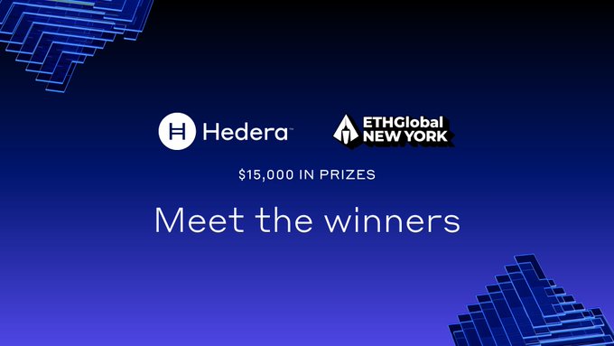 The image presents a graphic featuring two logos, one representing "Hedera" and the other displaying "ETHGlobal New York". The background of the image is blue with white lines intersecting each other. The text displayed below this visual representation indicates that the image shows a logo competition winner's announcement or post. Specifically, it mentions that there are 11 teams participating in this competition and 4 bounty tracks available. It also provides information about the prize amounts offered to the winners of these contests.
