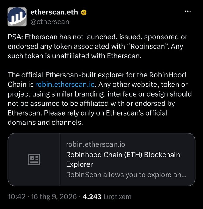 A tweet from etherscan.eth (@etherscan) dated September 16, 2026, issuing a PSA that Etherscan has not launched or endorsed any 'Robinscan' token, directing users to the official robin.etherscan.io for the Robinhood Chain explorer.