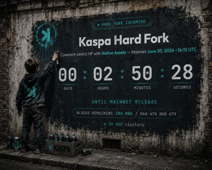 A graffiti artist spray-paints a wall mural advertising the "Kaspa Hard Fork" with a countdown showing 00 days, 02 hours, 50 minutes, 28 seconds until mainnet release scheduled for June 30, 2026, at 16:15 UTC, alongside block and visitor statistics. The street-art aesthetic captures the anticipation building toward the Toccova (Toccata) hard fork event for the $KAS community.
