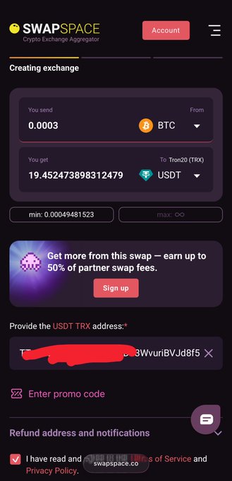 A mobile screenshot of the SwapSpace crypto exchange aggregator interface, showing a BTC to USDT (Tron20) exchange in progress with a partially redacted wallet address and a Sign up button for partner fees.
