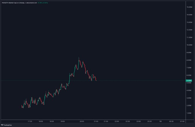 A TradingView candlestick chart showing stock price movement for PACETIV Market Cap in Uhlives with a visible price peak around 8.00M between 19:00 and 20:00, with values listed on the y-axis from 1.00M to 15.00M.