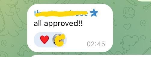A text message notification reading "all approved!!" with a red heart and crescent moon emoji on a green background with doodles.