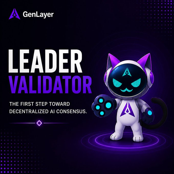 A promotional graphic for GenLayer shows a purple and white cat mascot with the text 'LEADER VALIDATOR' and 'THE FIRST STEP TOWARD DECENTRALIZED AI CONSENSUS.'
