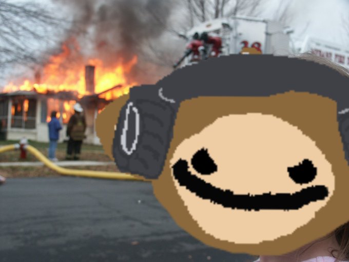 A pixel-art monkey with headphones grins in the foreground while a house burns behind firefighters in the background. The image serves as a tongue-in-cheek "fire" warning to "zordinals shill accounts," suggesting the poster is burning/banning them from their timeline.