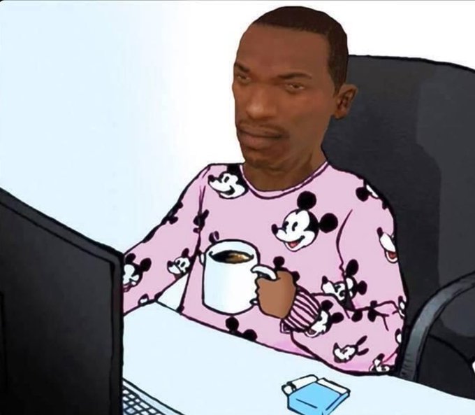 A man in a pink Mickey Mouse shirt sits at a desk holding a coffee mug while looking at a computer monitor, with the cartoon illustration style contrasting against his realistic face in this meme-style edit. The image relates to the post as a humorous visual promoting the user's new thread, with the request to read, like, share, and check out @courtofinternet likely representing a casual, relatable "morning internet browsing" vibe.