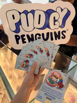 A hand holds several 'PUDG PENGUINS' Pokemon-style trading cards in front of a sign.
