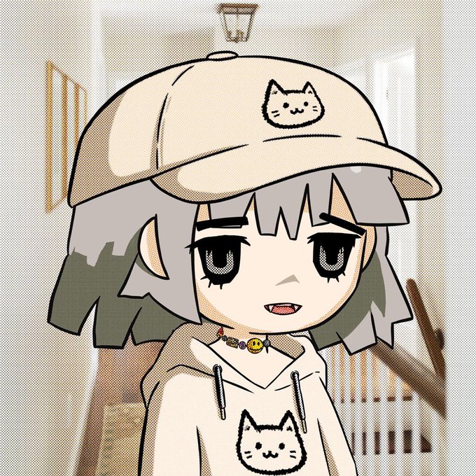 An anime-style illustration shows a character with gray hair wearing a beige cap and hoodie, both featuring cute cat face designs.