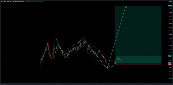 A TradingView candlestick chart for SHIB/USD displays a harmonic pattern with diagonal trendlines forming a diamond/triangle shape, projecting toward a highlighted green target zone on the right side, illustrating the "price discovery" phase mentioned in the post.