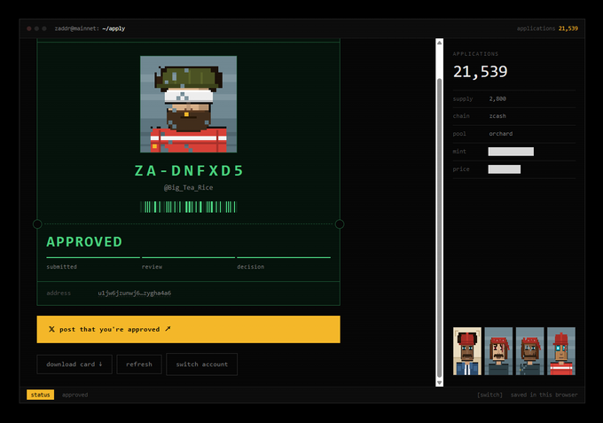 A terminal interface screenshot showing an approved NFT application for a character named 'ZA-DNFXD5' (@Ig_Tea_Rice), with 21,539 total applications, an address 'u5jd6jtsmuj6cygba4a6', and a prompt to 'X post that you're approved'.