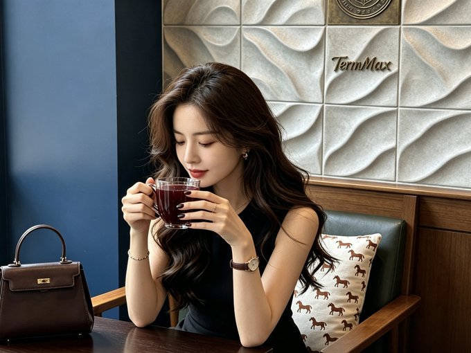 A woman with long wavy hair sips a dark beverage at a café, with a brown Hermès-style handbag and a horse-patterned pillow beside her, set against a wall displaying the "TermMax" logo.

The image evokes the post's theme of taking *control*—the woman calmly enjoying her drink mirrors the idea of users proactively managing their rates with TermMax App V2's limit-order feature, rather than passively accepting market-set interest rates like in traditional DeFi lending.